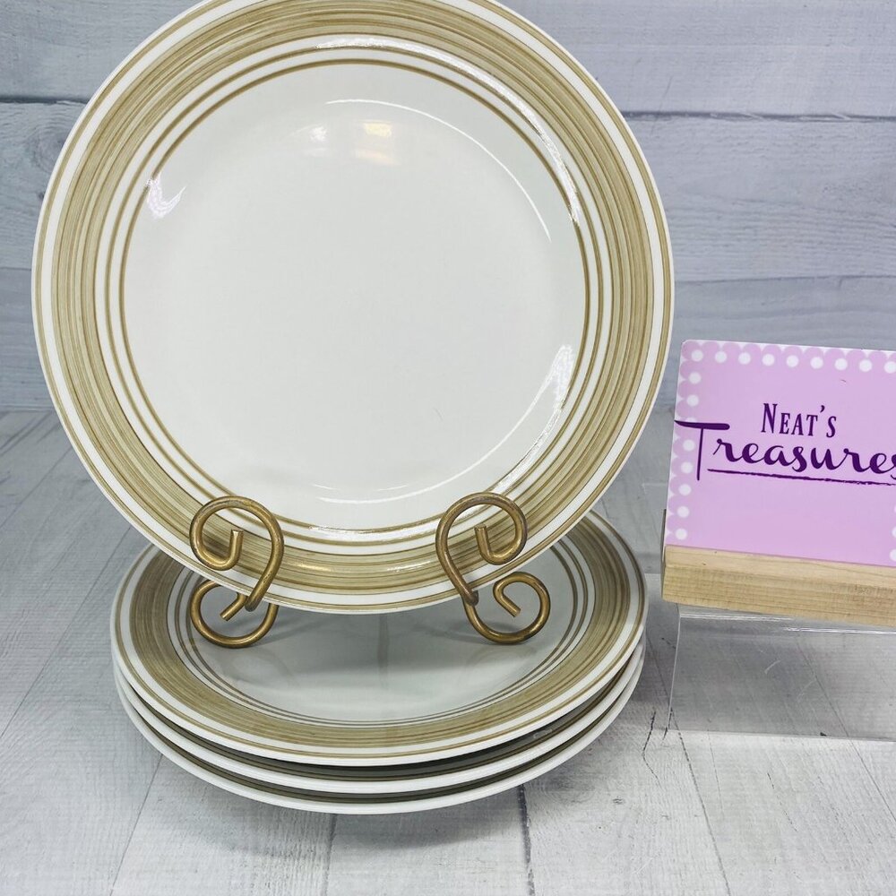 Mainstays CASUAL BANDED BROWNSTONE Rings Stoneware White Dinner Plates Set of 4